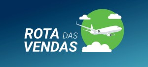 Imagem ilustrativa com o texto 'Rota das Vendas' e um avião que simboliza a jornada comercial, destacando a conexão e o crescimento dos negócios.