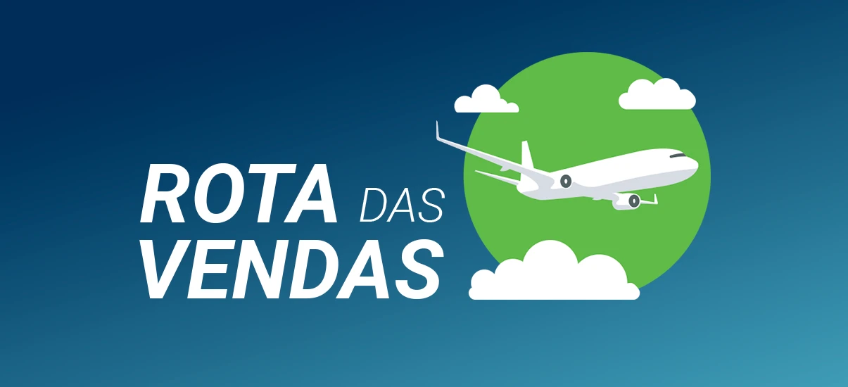 Imagem ilustrativa com o texto 'Rota das Vendas' e um avião que simboliza a jornada comercial, destacando a conexão e o crescimento dos negócios.