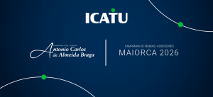 Imagem promocional com foco na campanha de vendas ICATU para assessores Maiorca 2026, destacando o nome do candidato Antonio Carlos de Almeida Braga em fundo azul.