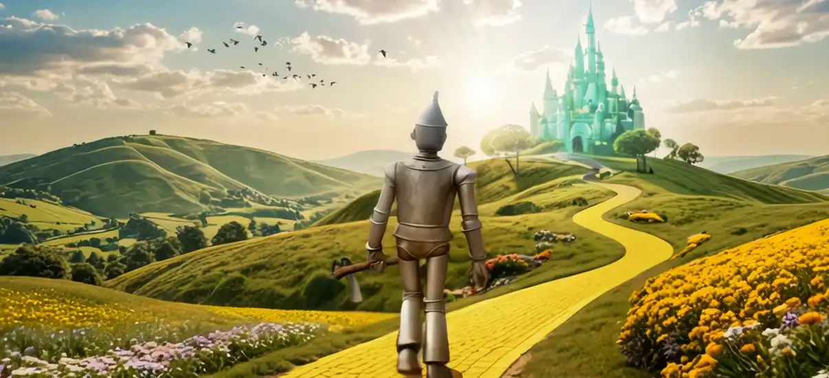 personagem fictício homem de lata andando pela paisagem