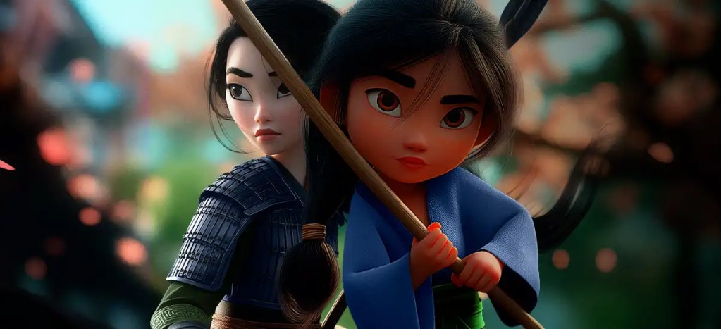 Cena de animação com duas personagens femininas de cabelo escuro e roupas tradicionais, uma delas segurando um arco, cenário com luzes desfocadas ao fundo.