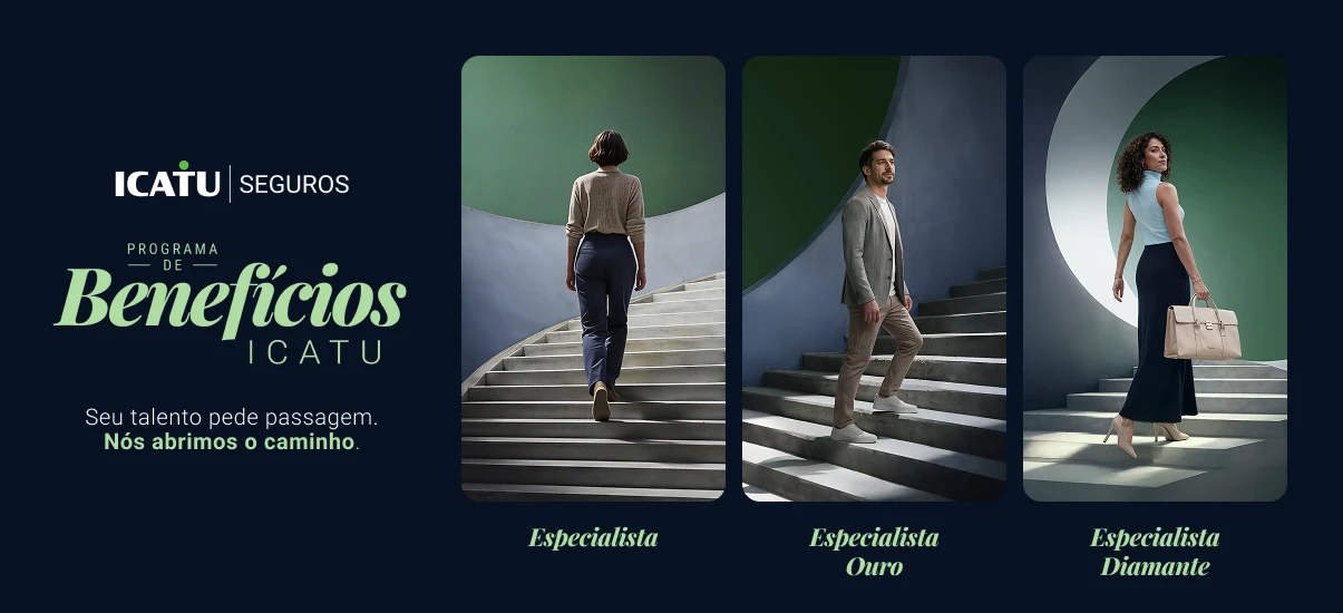 Imagem promocional do programa de benefícios do ICATU, destacando o talento, com três profissionais, incluindo uma especialista diamantada, menção ao plano de benefícios e abertura de caminho.